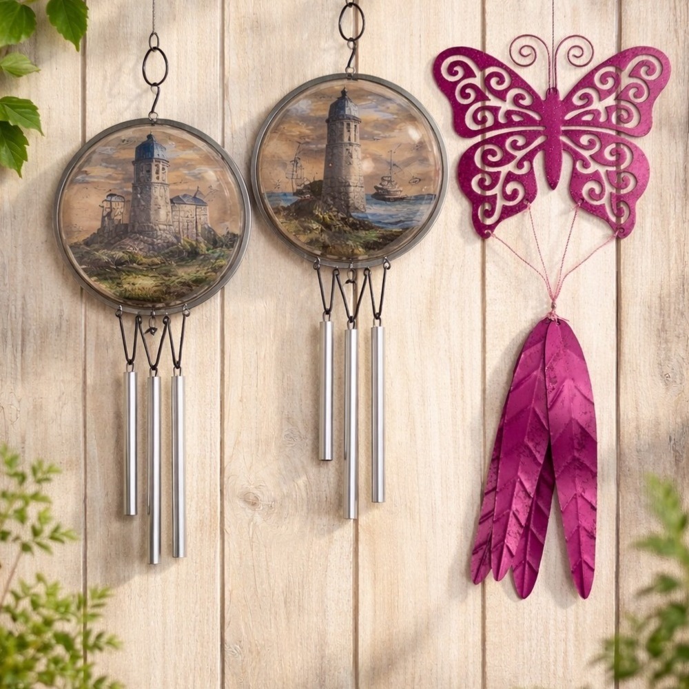 Victoria's Garden Wind Chime Lot 3pc Lighthouse Butterfly Purple Blue Small